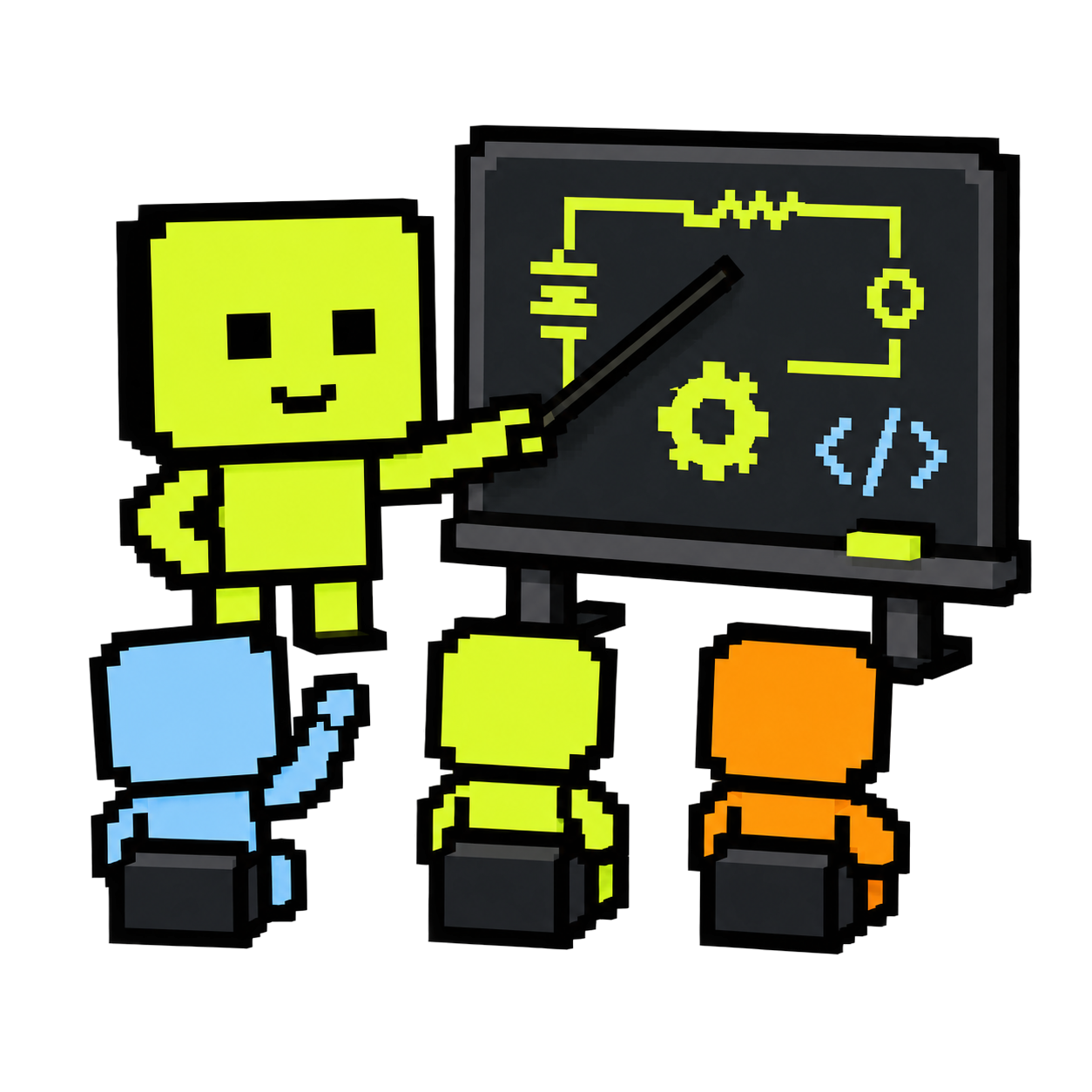 Pixel robot teaching students at a board